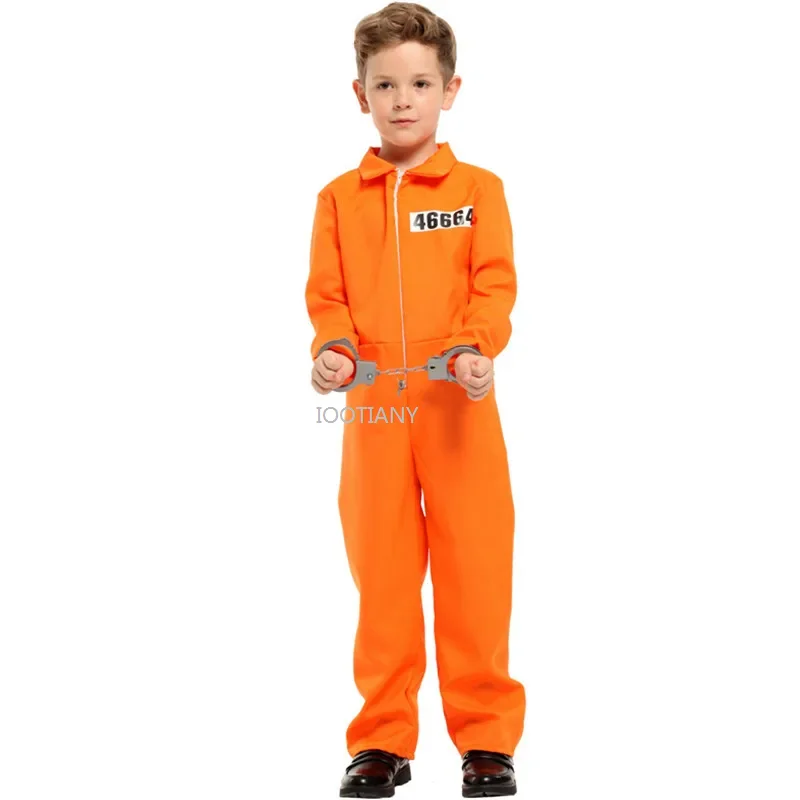 Orange Boys Halloween Criminal Costume For Kids Children Prisoner Jumpsuits Uniform Cosplay Carnival Purim Role Play Party Dress