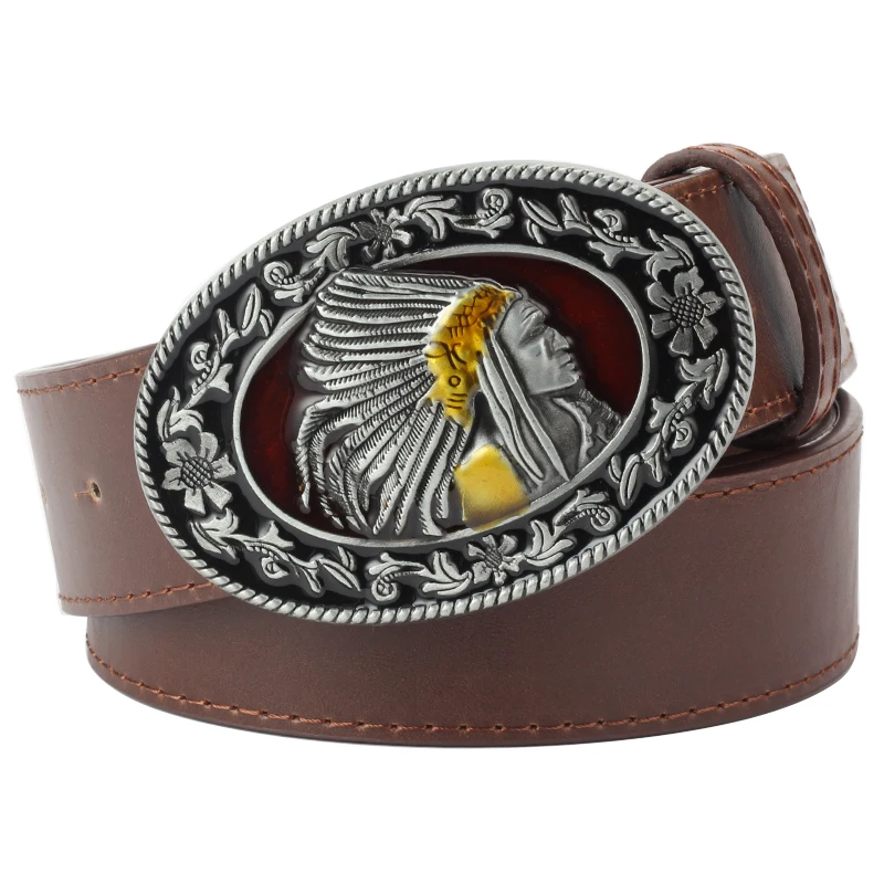 Cinto de couro para homens e mulheres, cinto de metal mito, cintura jeans, calça casual, tribo indígena americana e indígena