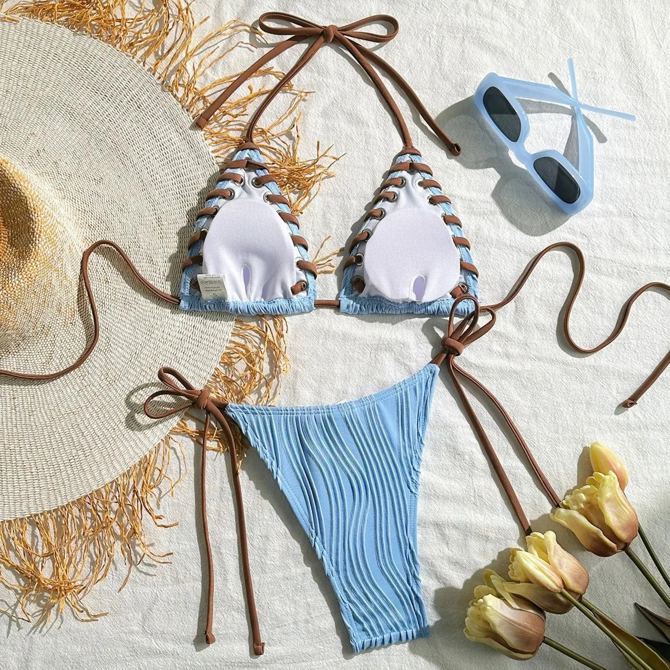 Conjunto de Bikini de tejido arrugado con cuello Halter, traje de baño para mujer, ropa de playa para mujer, traje de baño Tankini, Bikini brasileño para mujer