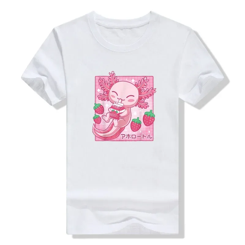 Kawaii Axolotl Strawberry Milk Shake Carton Japanese Anime T-Shirt Clothes for Women Printed T-shirt Tops Casual