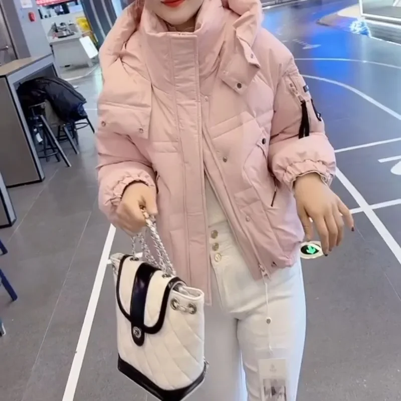 Creamy White Short  Down Jacket Women  Thickened Winter Fashion Small Man Hooded Loose Design Simple Commuter Short Trench Coat