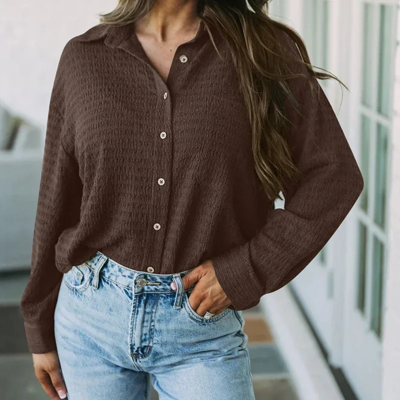 

Vintage Texture Pleated Women Simple Shirt 2023 Fashion Long Sleeve Pocket Lapel Office Blouse Buttons Loose Casual Tops 30077