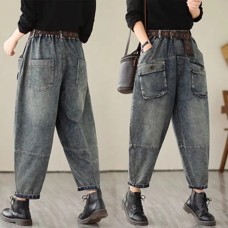 

Personalized Large Pocket Denim Dad Pants Women's 2025 Spring And Autumn Big Size Stylish Vintage Harem Jeans a804