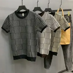 Suéter de manga corta británico para hombre, ropa ajustada con cuello redondo, jerséis de punto informales, ropa de calle, camisa de punto a cuadros