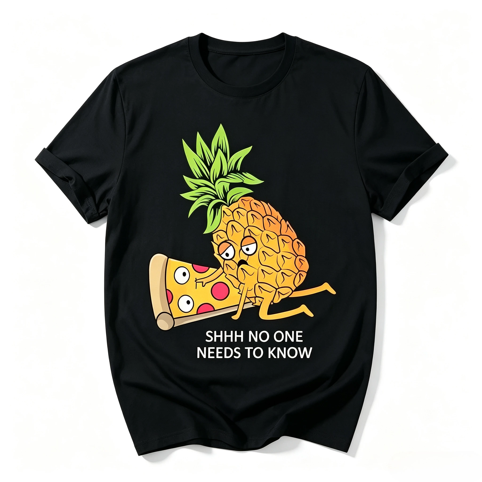 Men Women Funny Pineapple Pizza T-Shirt Shhh No One Needs To Know Graphic Tee Summer Casual Short Sleeve Food Meme Tops