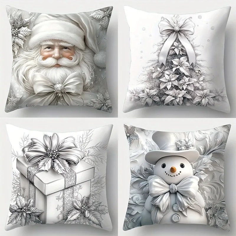 Fundas de almohada navideñas plateadas, Papá Noel, árbol, regalo, muñeco de nieve, funda de cojín para sofá de elegancia festiva