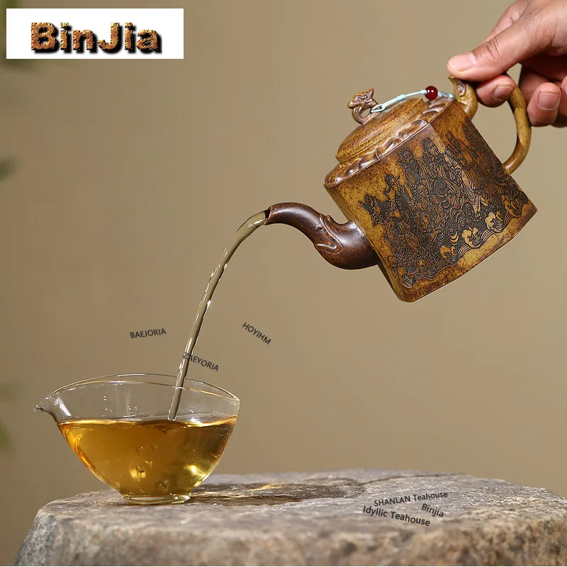 BAEJORIA 420ml Yixing Purple Clay Teapot Handmade Gold Zhong Pot Raw Ore The Keel Gold Sand Firewood Tea Making Kettle Zisha Cha
