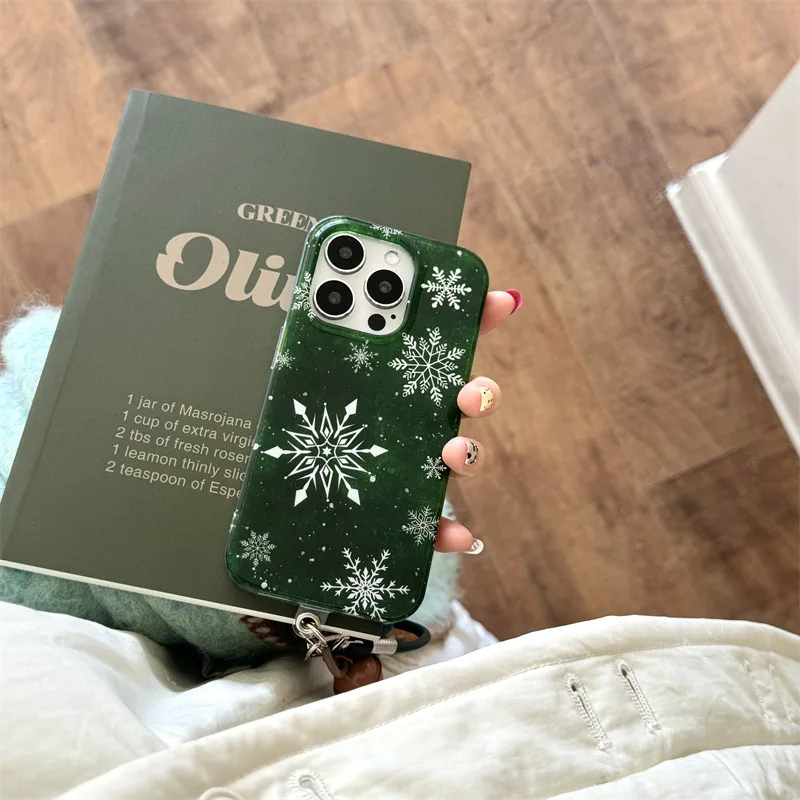 emerald green Winter snowflake art Plush ball bell pendant Phone case For iPhone 16 15 14 13 12 Pro Max Case Cute Luxury Cover