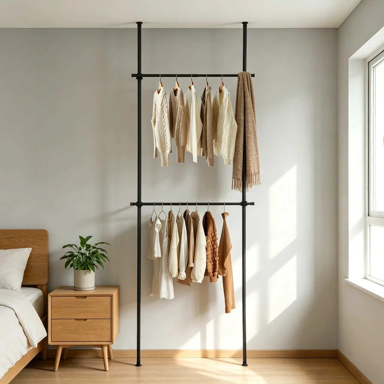 

Bymaocar 2 Rod Clothing Rack Coat Racks Wall Mounted Drying Rack Expandable Black Carbon Steel No Drilling Spring Loaded Adjustable 43.3-120 Inch Vertical 27.5-43.3 Inch Horizontal 220.46 lbs For Bedroom Laundry Garage Closet