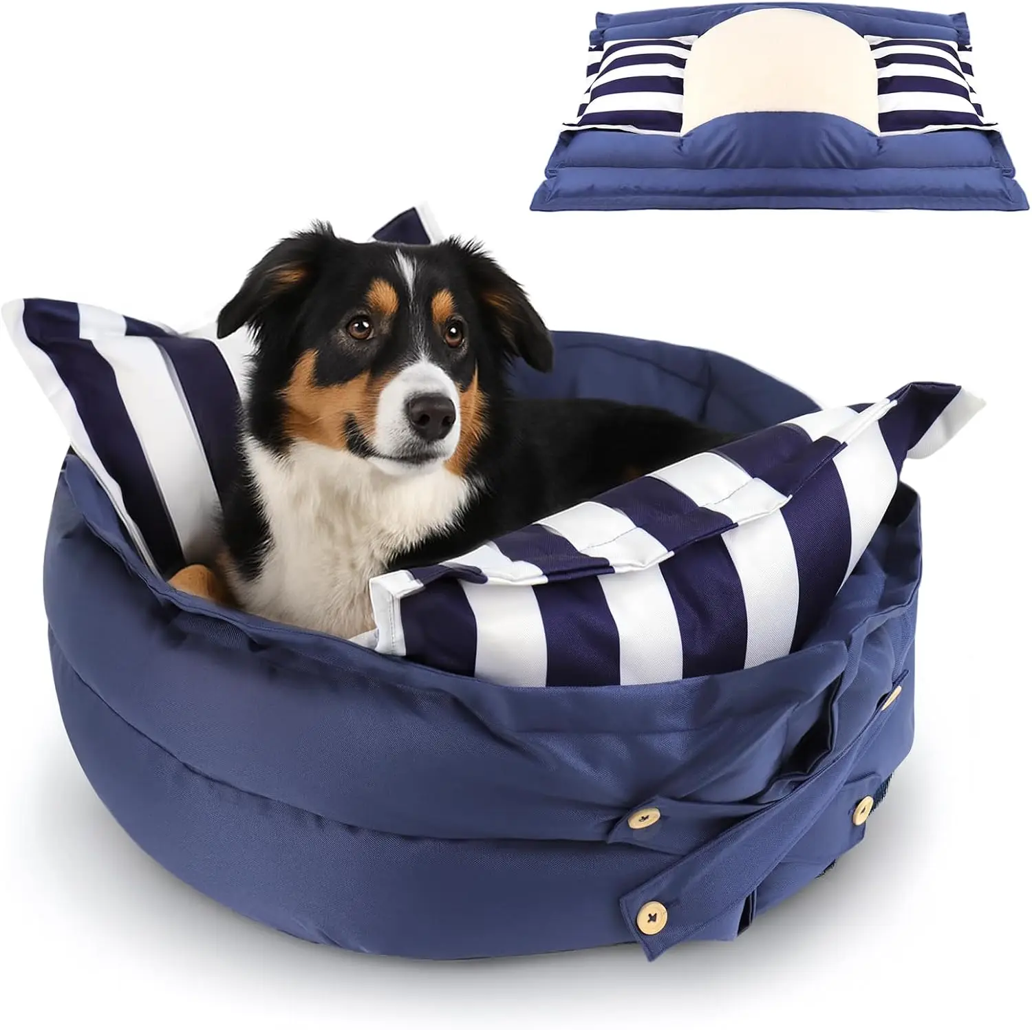 

2-in-1 Waterproof Dog Bed for Medium Dogs Up to 40 lbs, Removable Washable Cover, Blue Stripes, 23 x 9 Inches