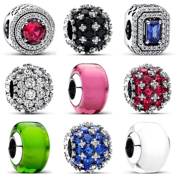 925 الفضة الخرز المستديرة أبيض أحمر أخضر زجاج مورانو أسود أزرق أحمر الزركون تألق سحر صالح بانتارو سوار غرامة مجوهرات هدية