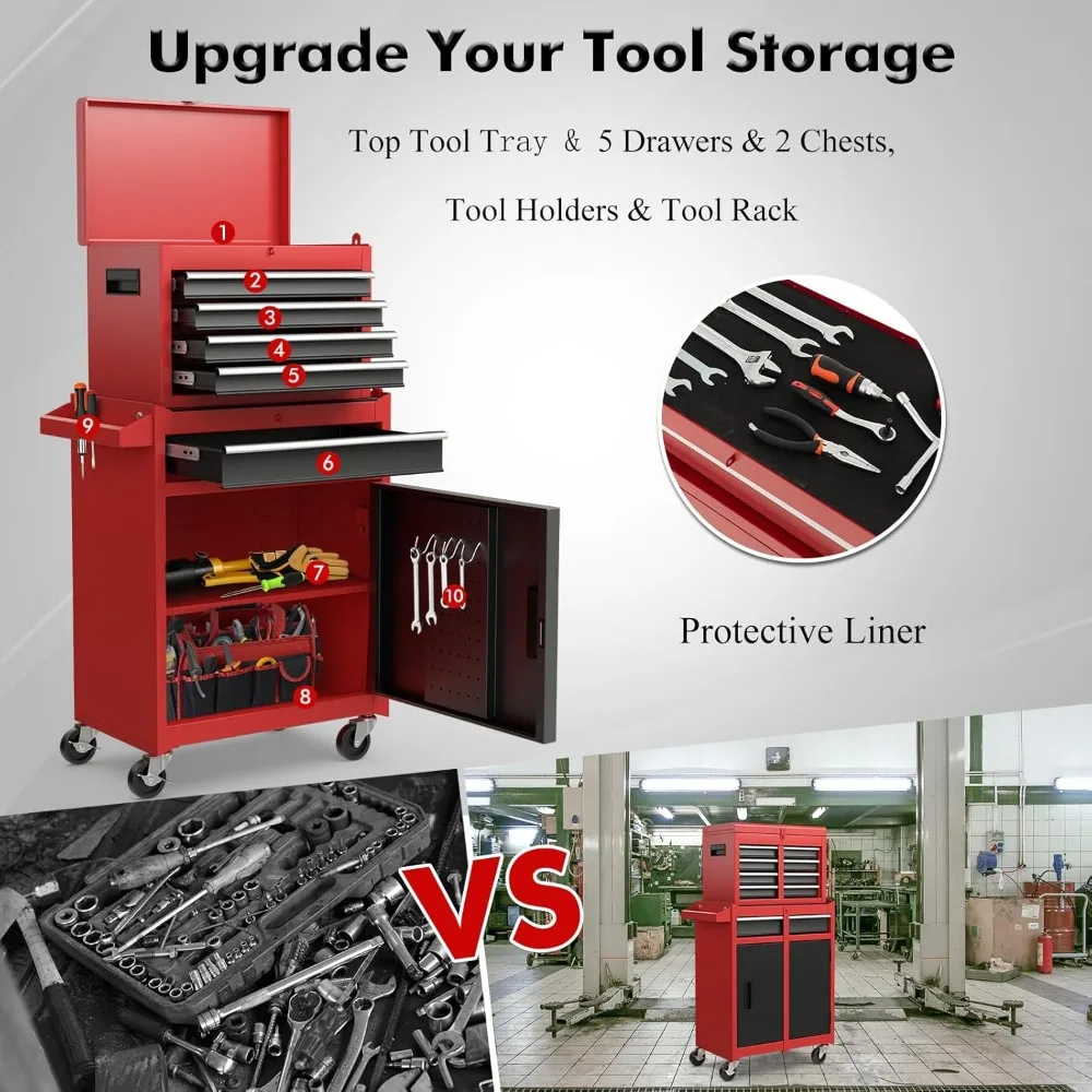 Rolling Tool Chest, Drawer Tool Box Organizer w/Lockable Wheels & Sliding Drawers & Detachable Top & Adjustable Shelf