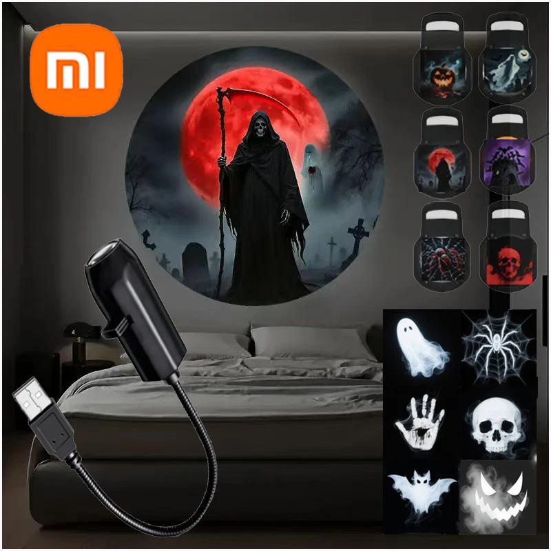 Xiaomi USB Projector Light Halloween Skull NightLight Ghost LED Lamp 360° Rotating Switchable Pattern Dark Night Mood Light