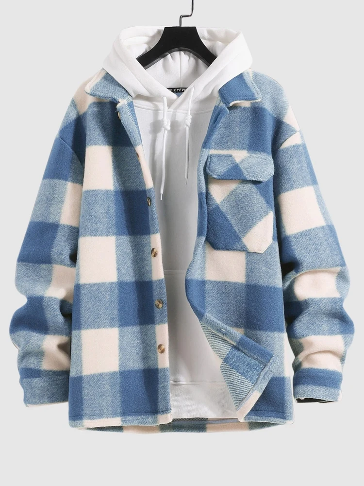 ZAFUL Checked Plaid Colorblock Jacket Woolen Turn Down Collar Coat Winter Unisex Streetwear Warm Outerwear with Pocket Z5113447