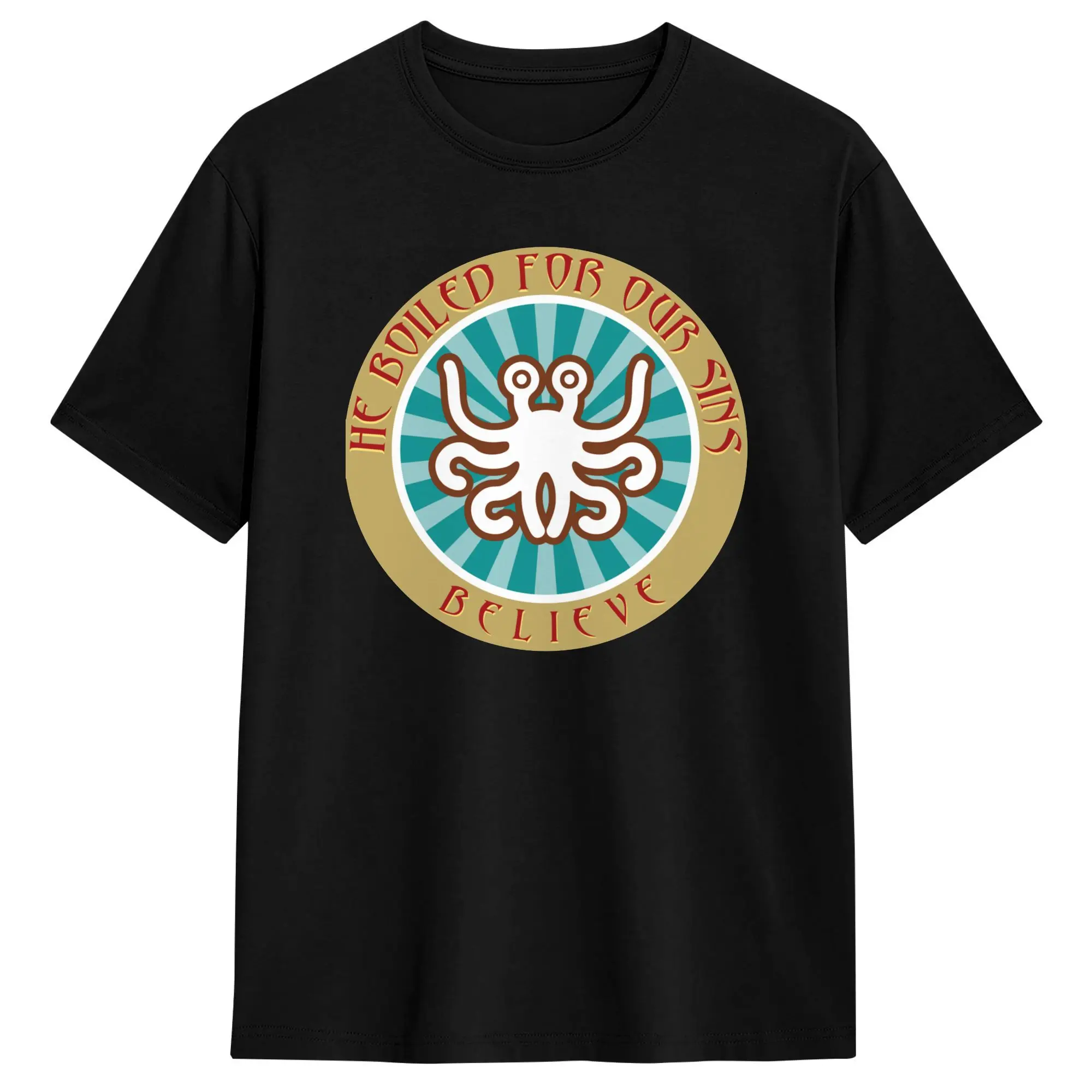 Hip Hop He Boiled for Your Sins T-Shirt Round Neck Top Tee Flying Spaghetti Monsterism FSM Religion Church Cotton Summer Top Tee