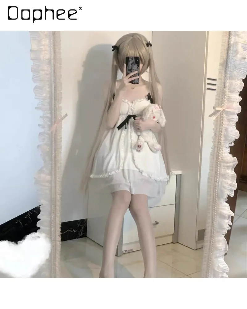 Original Japanese Sweet Cute Girl Nightdress with Chest Pad Pajamas Suspender Skirt Double-layer Short Skirt Women's Homewear