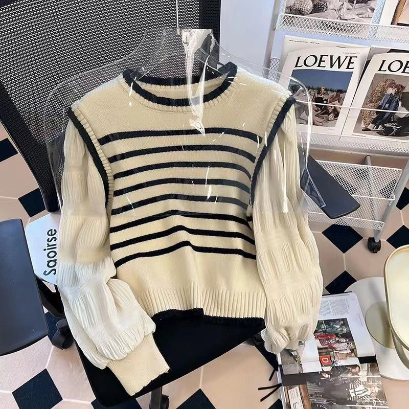 Y2k Striped Women Sweaters Knitted Loose Patchwork Female Casual Pullovers Preppy Style Autumn Chic Puff Sleeve Ladies Tops