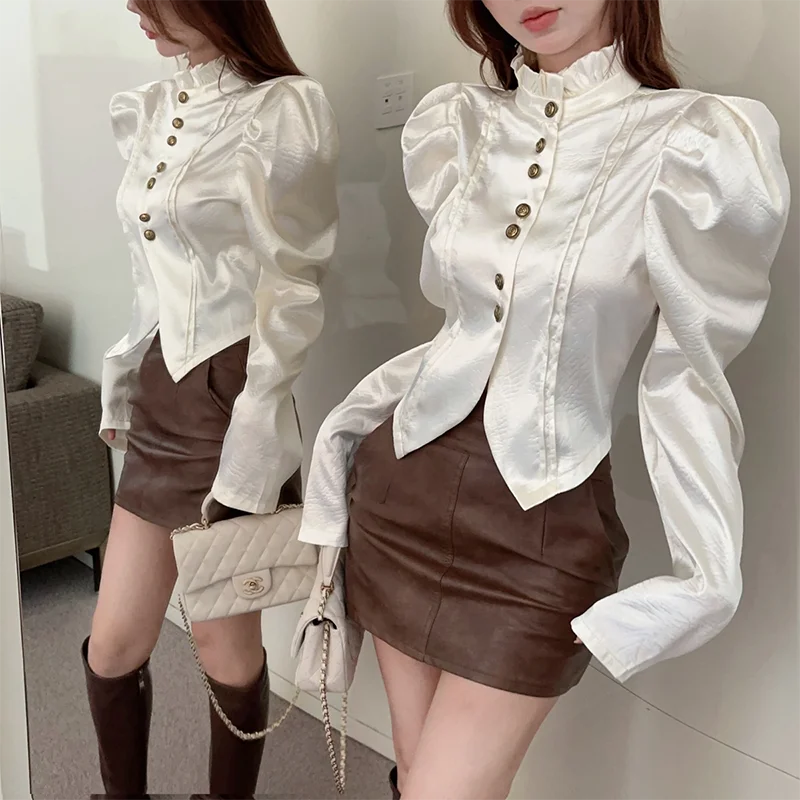 Elegant Stand Collar Ruffles Spliced Puff Sleeve Shirts Women\'s Clothing 2024 Spring New Slim Korean Tops Office Lady Blouses