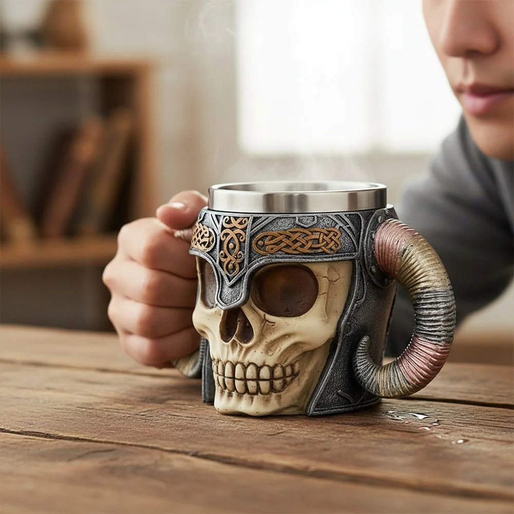 

450ml Skeleton Knight Ram Horn Cup Resin Drinking Cup Stainless Steel Retro Water Cup Vintage Drinking Tumbler for Desktop Decor