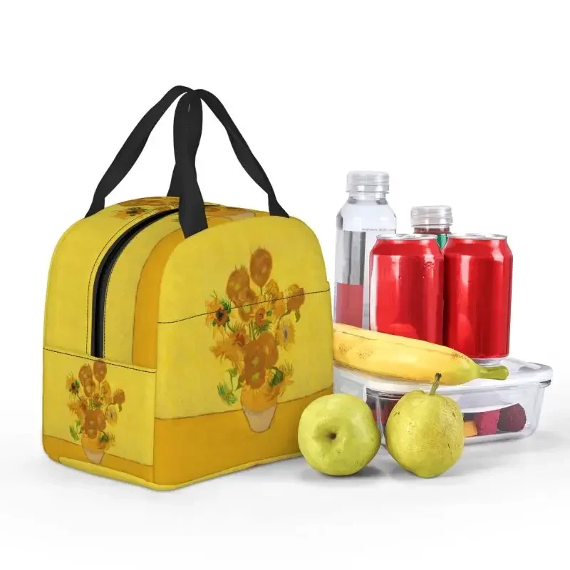 Vincent Van Gogh girasoles bolsas de almuerzo aisladas para mujeres sol flores refrigerador portátil caja térmica Bento niños escolares