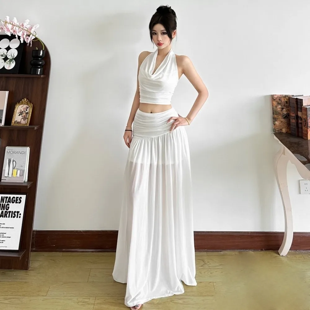 SylCue Ruched Elegant 2 Piece Set Women Halter Swing Collar Backless Crop Tops+High Waist Patchwork Skirts Vacation Style Suits