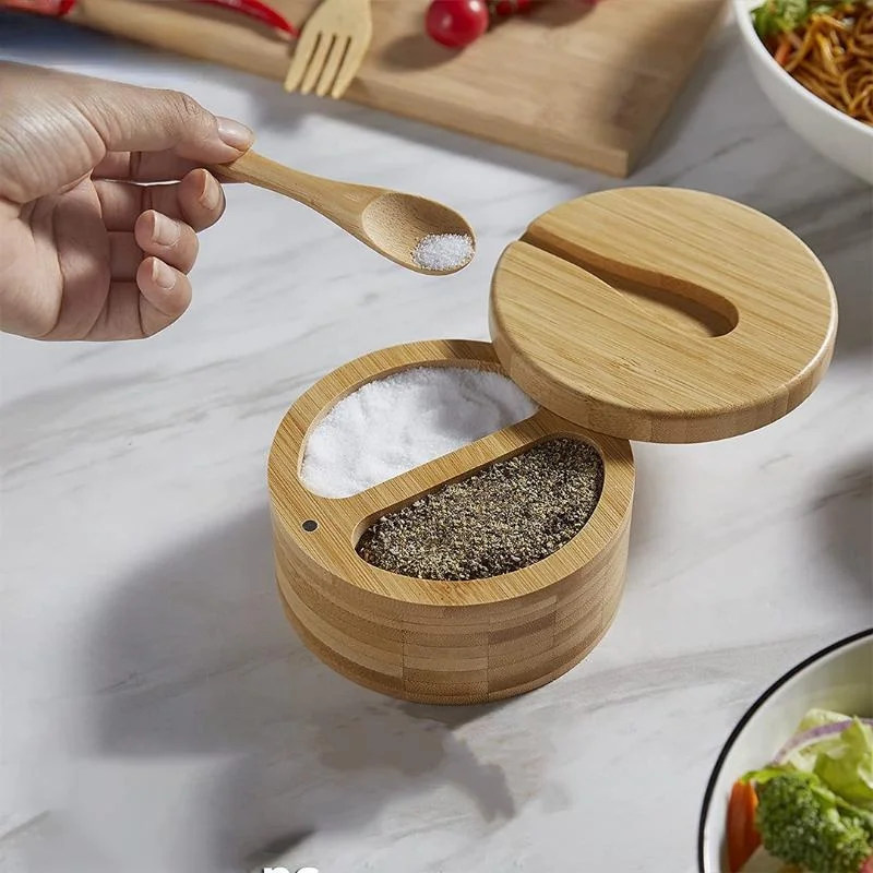 Kitchen Convenience Tools Bamboo Salt Jar Kitchen Seasoning Bottle Circular Bamboo Seasoning Box Spice Rack Accessories