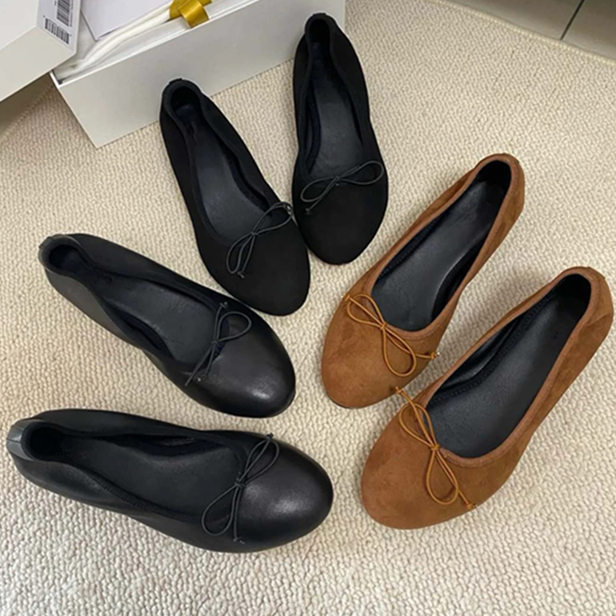 

Jenny&Dave French Fashion Office Ladies Minimalist Sheepskin Suede Ballet Shoes Retro Bow 3cm Mid-heel Loafers Shoes Women