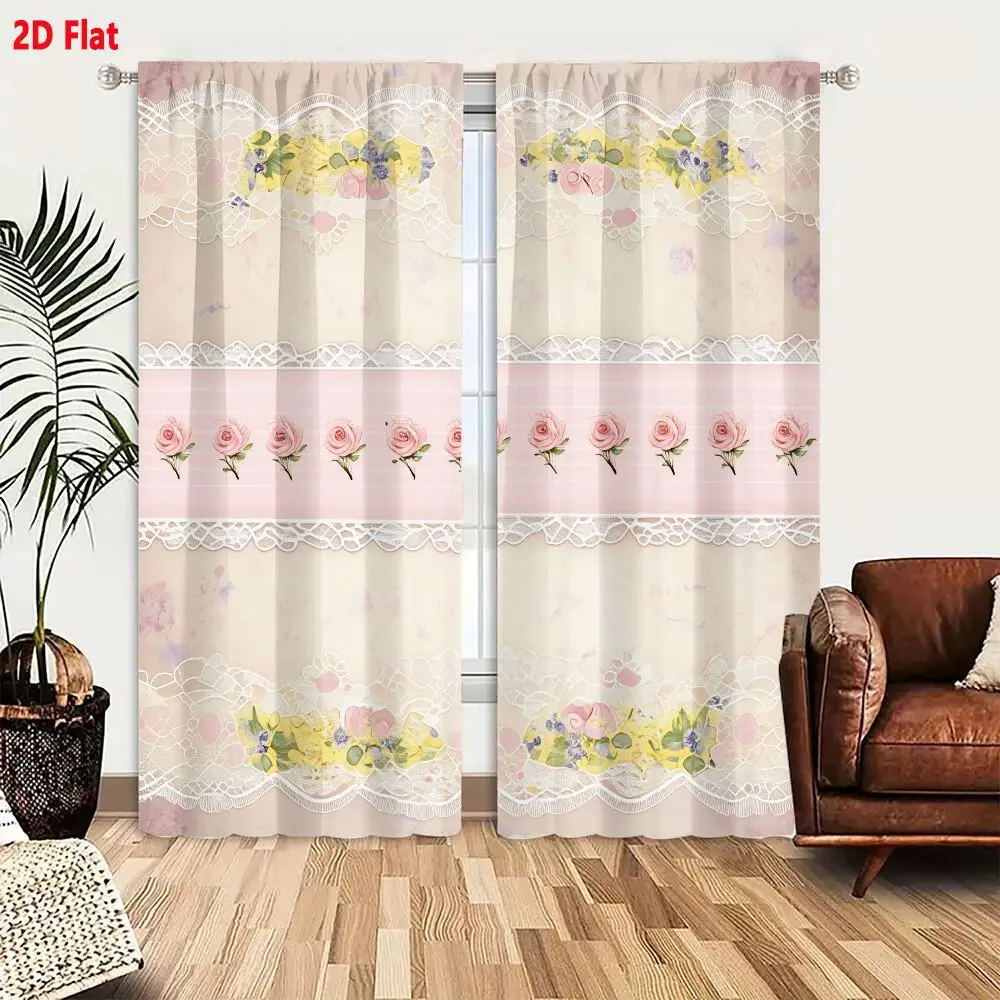 2Pcs Curtains 2D Flat Vintage Style Pastel Floral Decorative Wallpaper With Lace Trim And Pink Roses Window Drapes for Bedroom R