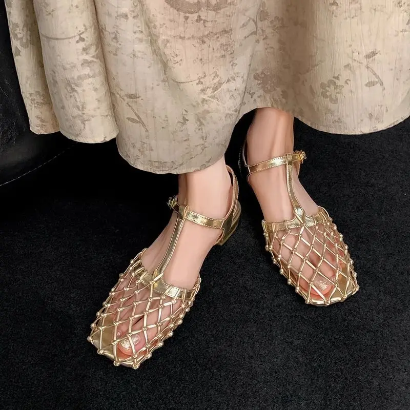 2026 Summer New High Quality Retro Style Gold Hollow Mesh Baotou Women's Sandals After Empty Low Heels Fashion Women's Shoes