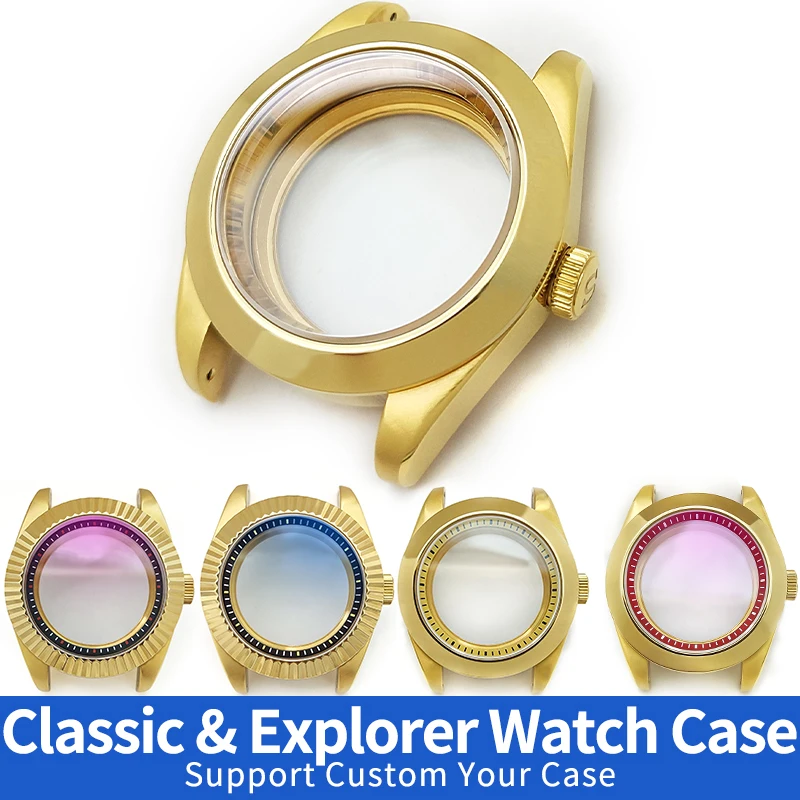 

Classic Explorer Polished Brushed Watches Case Gold For SKX SKX007 NH35 NH36 4R36 Steel Cases MOD Watch Parts Sapphire Caseback