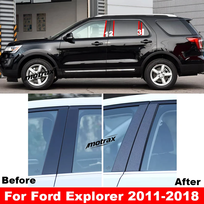6pcs Glossy Black Carbon Fiber Pillar Posts Fit for Ford Explorer 2011-2018 Door Side Decoration Window Cover Sticker Accessory