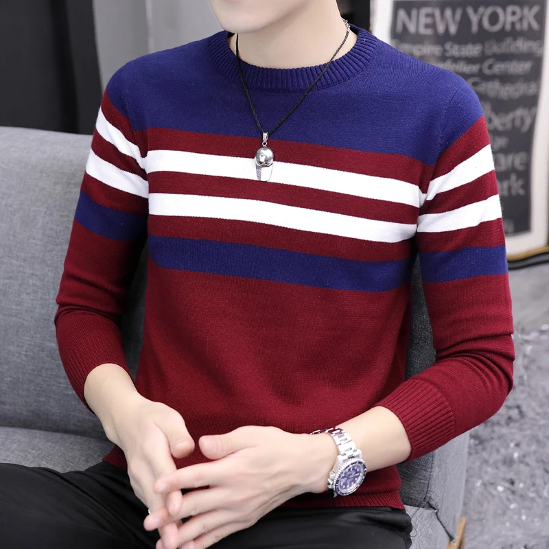 Men's Autumn Winter Round Neck Contrasting Pullover Long Sleeve Sweater Knitted Casual Undershirt Fashion Office Lady Tops