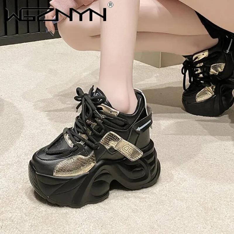 

9.5CM High Heels Autumn New Chunky Sneakers for Women Platform Sports Breathable Shoes Woman Lace-up Thick Bottom Dad Shoes 2024