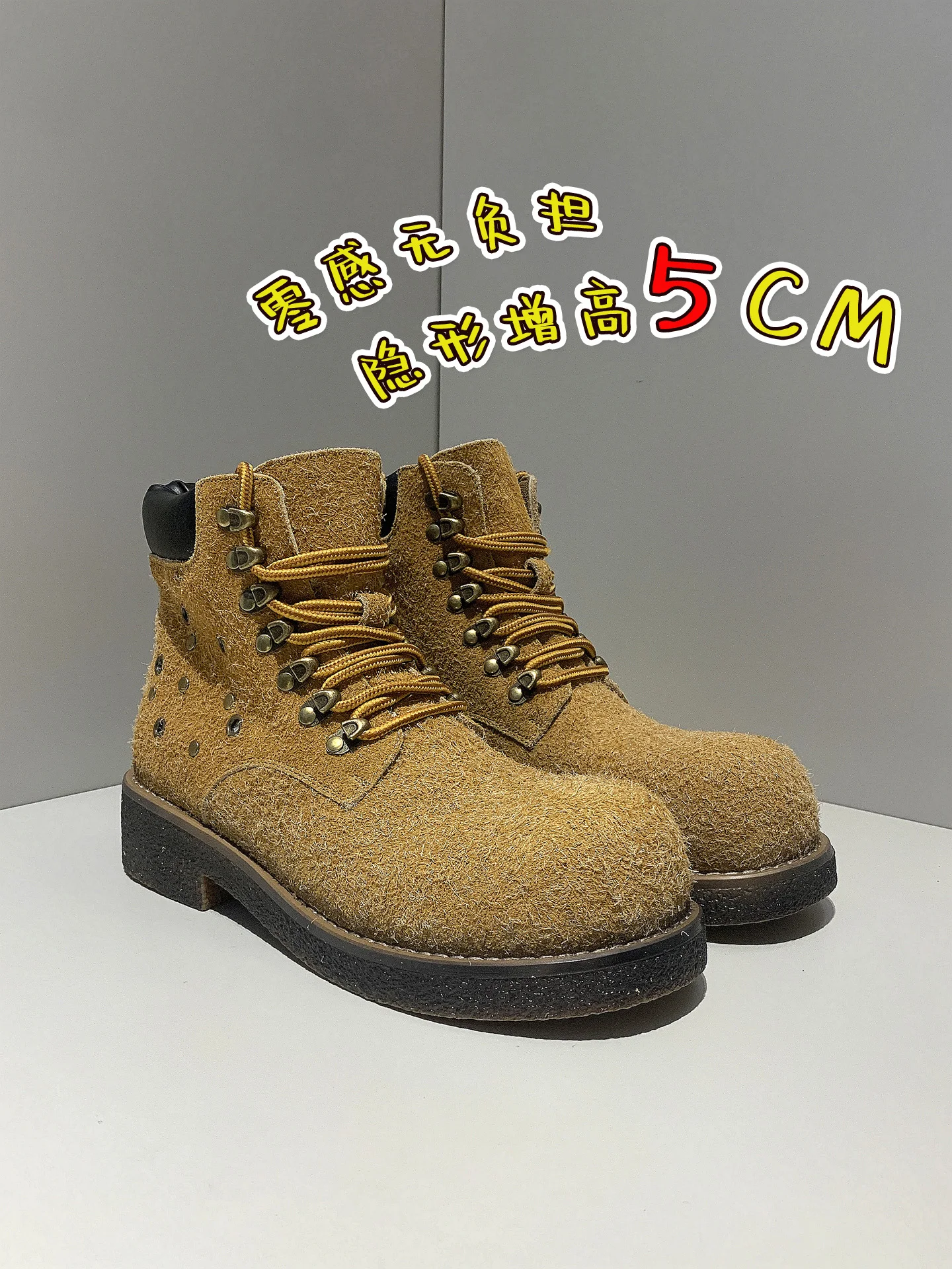 

Men's High-Top Thi-Heeled Genuine Leather Boots Yellow Work oes Briti Sle Retro eepskin Vintage Boots