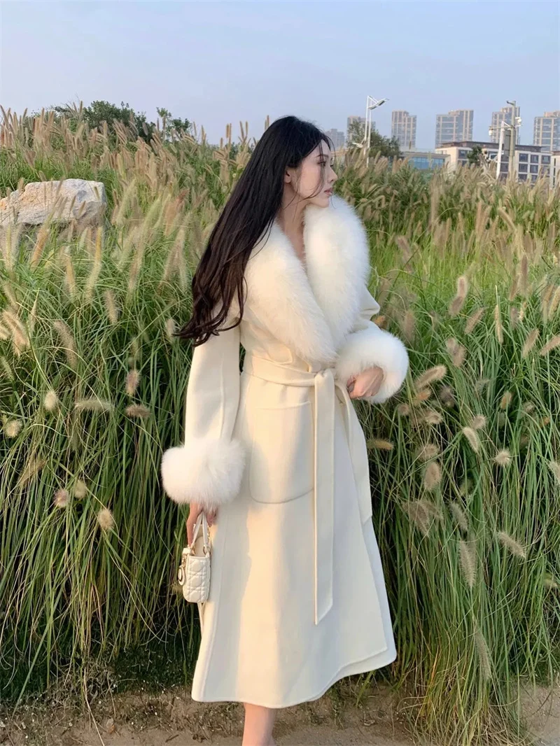 

2025 Fox Fur Wool Overcoat Women's Long Coat Office Lady Elegant Double-sided Woolen Coat 2025 New Cardigan Jackets Loose