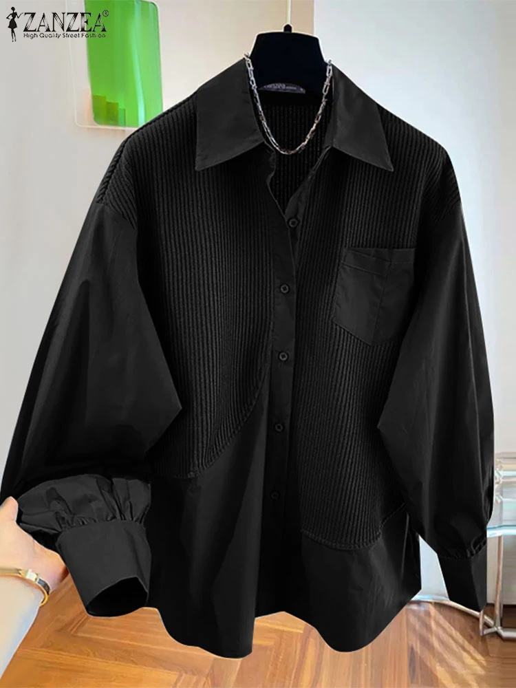 

ZANZEA Stylish Lantern Sleeves Chemise Femme 2025 Spring Casual Corduroy Patchwork Women's Tops Woman Turn-down Collar Shirts