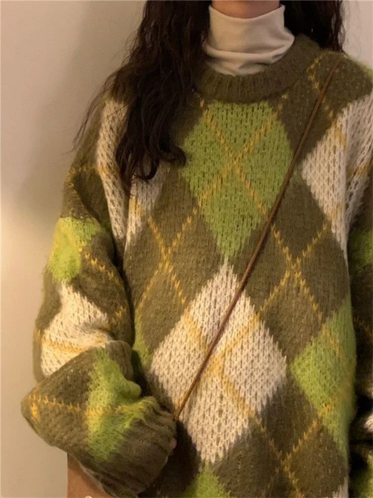 Retro Green Pullovers Women Cozy Minimalist BF Style Autumn Argyle Casual Harajuku Baggy Sweater Long Sleeve All-match Knitwear