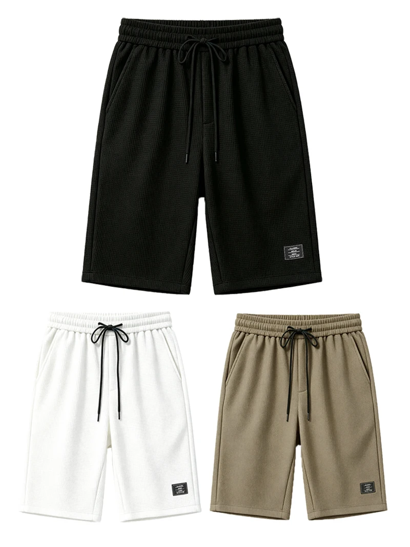 Herren Waffelstrick-Bermudashorts mit elastischem Kordelzug, lockerer Passform, Etikettendekor, für Outdoor, Reisen, Alltag, lässige knielange Shorts – Detail 15