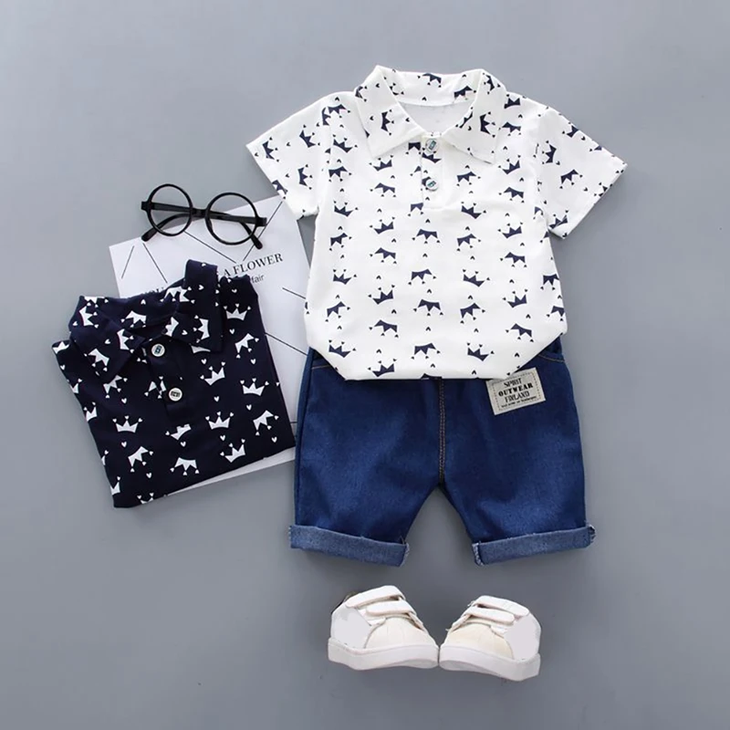 

Summer Baby Boy Adorable crown Print Short Sleeve Lapel Shirt Blouse+Denim Shorts 2Pcs Set Casual Outfits Clothes Set 3M-4Y