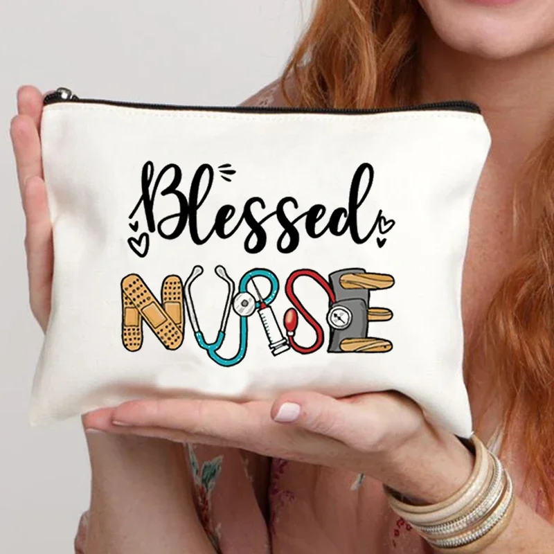 Blessed Nurse Pattern Make Up Pouch Makeup Bag Peace Love Nursing Printing Travel Cosmetic Organizer Wristlet Clutch with Zipper