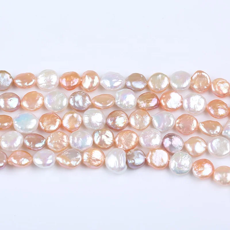 11-12mm Coin Shape Natural White Pink Purple Mixed Color Beads Freshwater Pearls 18cm short Strands