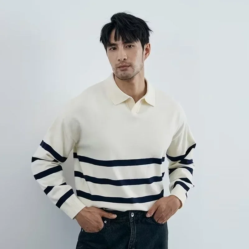 

Autumn Simple Lapel Striped Sweater For Men Casual Vintage Korean Fashion Knitwear Top New Y2K Loose Knitted Pullover Jumper