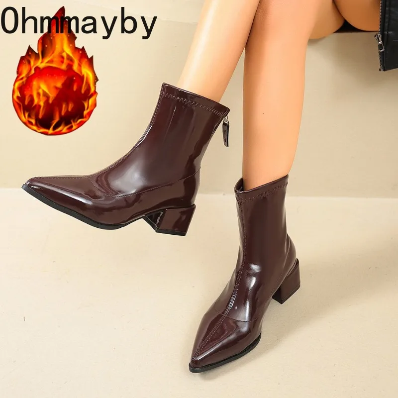 

Зимние женские ботильоны на толстом каблуке с острым носком, женская обувь из лакированной кожи, уличная стильная обувь для банкета и вечеринки, короткие Botas Mujer