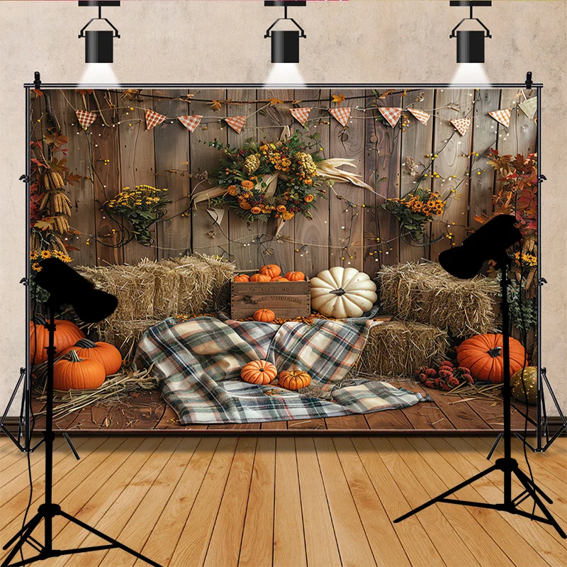 Halloween Day Autumnal Pumpkins Photography Backdrops Props Maple Leaf Scarecrow Farm Harvest Thanksgiving Background RR-22