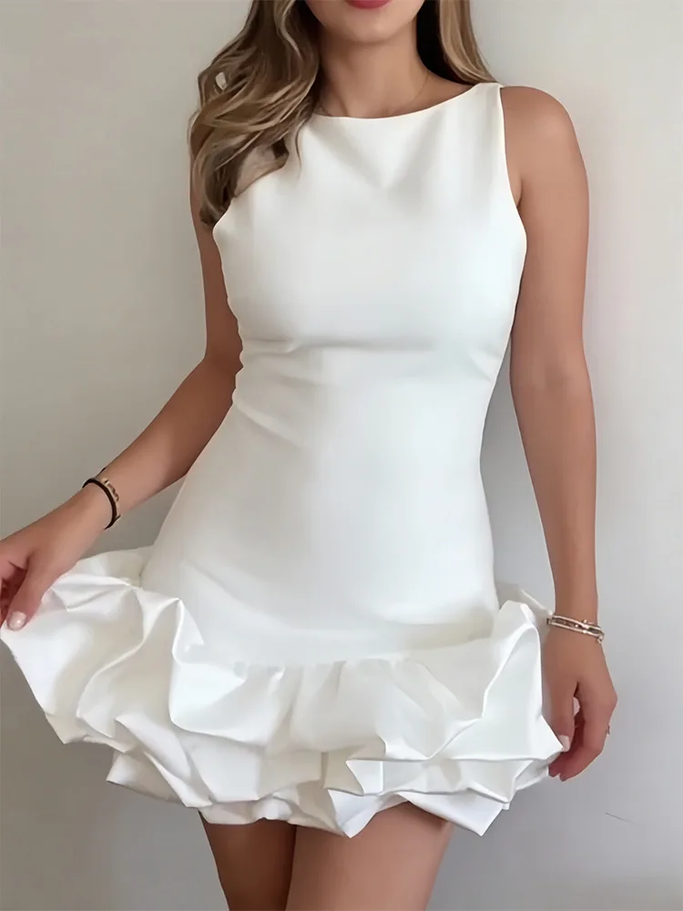 

3D Flower Elegant Dresses Sexy Sleeveless Ruffle Backless Round Neck Bodycon Mini Dress Lady Summer New Patchwork Party Dress