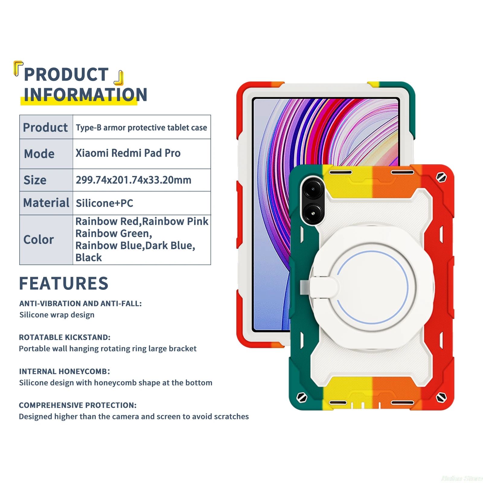 

Type-B Armor Protective tablet Case For Xiaomi Redmi Pad Pro 12.1 inch 2024 Silicone+PC Size 299.74*201.74*33.20mm Rainbow Case