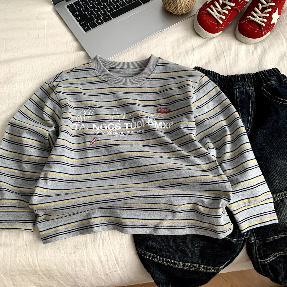 Children Clothes Kids Long-sleeved T-shirt Stylish Boys Girls Autumn 2026 New Striped Casual Kids Top Casual T-shirt