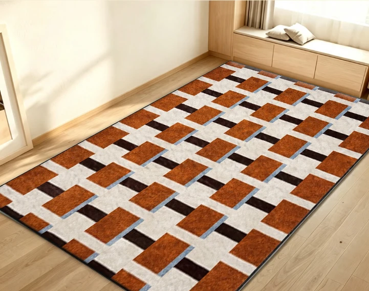 Mid‑Century Geometric Square Grid Area Rug Burnt Orange Cream Non‑Slip Carpet Floor Mat for Living Room Bedroom Home Decor