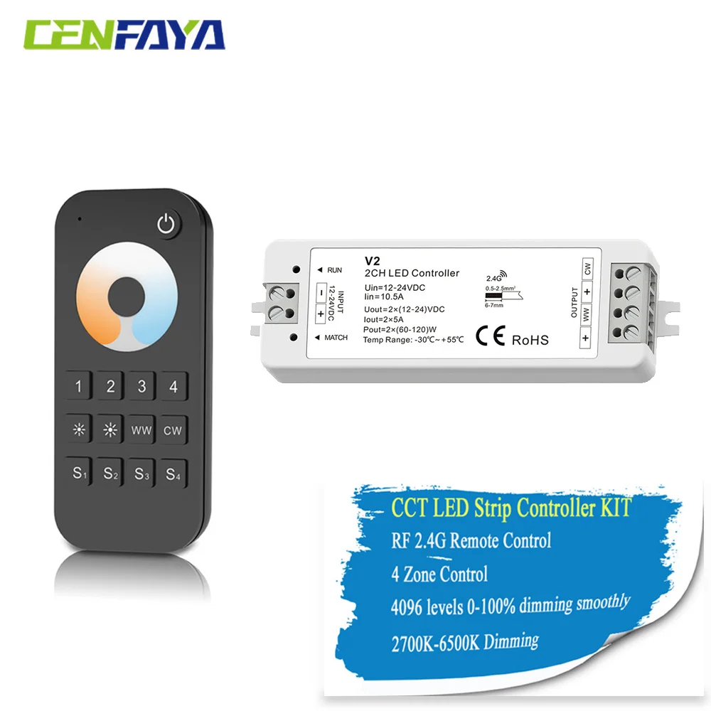 

2.4G Wireless 2CH Led Controller Dimmable DC12V 24V CCT WW/CW Single Color Strip Wireless Remote Control fr 5050 2835 3825 Light