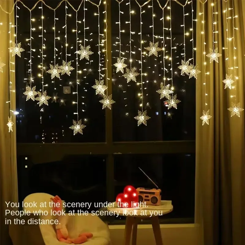 2026 New 3M Snowflake LED Curtain String Lights Flashing Fairy Lamp Outdoor Home Christmas Holiday Wedding Party Decor